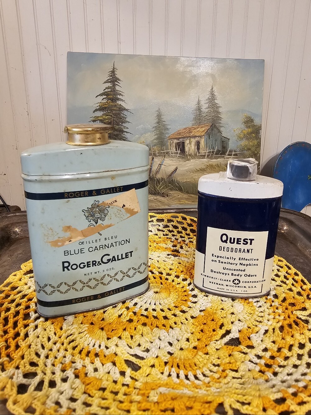 Vintage Roger & Gallet Blue Carnation Talc Powder and Quest Deodarant USA MCM
